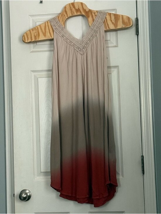 None Dresses & Skirts - Sleeveless Ombre Maxi Dress in Beige, Olive & Brick M Oversized